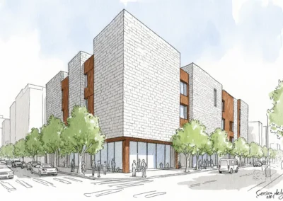 Boceto arquitectónico a mano alzada como base para visualización 3D