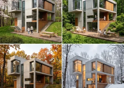 Renders fotorrealistas de Unifamiliar 3D ambientado en las 4 estaciones realizado con IA en el Máster AIrchiviz