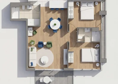 Creación de plano de vivienda amueblado realizado en 3D vista cenital
