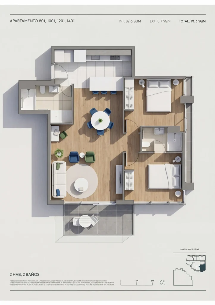 Creación de plano de vivienda amueblado realizado en 3D vista cenital
