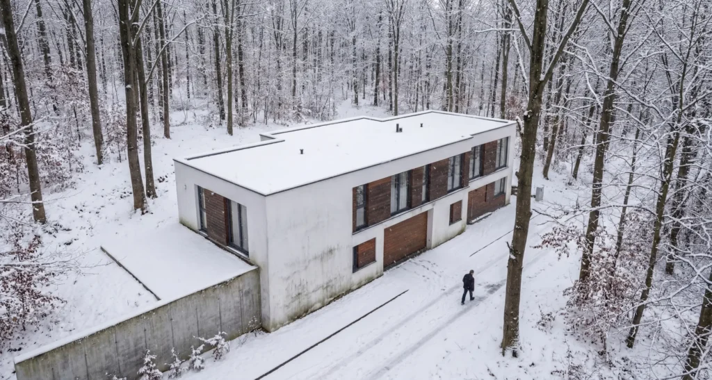 Casa Moderna ambiente invernal creada con IA y 3D vista aerea