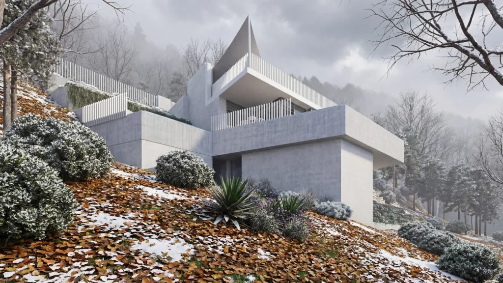 Proyecto Iterrae Begur en invierno, render arquitectónico mejorado con IA