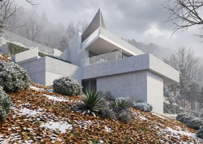 Proyecto Iterrae Begur en invierno, render arquitectónico mejorado con IA